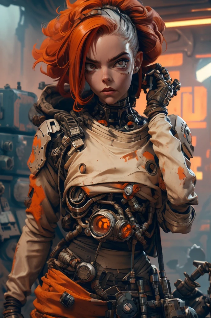 A highly detailed and realistic skull girl,( Anya. Taylor Joy) cyberpunk character, mad max furiosa, one hand robot, cyborg arm, orange hair, dramatic metal heavy rock theme, best quality, 8k, hyperrealistic, photorealistic, extreme detailed painting, studio lighting, vivid colors, dark moody atmosphere, cinematic, dramatic pose, intricate mechanical details, glowing energy effects, intense gritty textures, seamless integration of organic and inorganic elements. Wearing the used clothes of a wastelander. Background: An apocalyptic wasteland. Dusty and depressing.