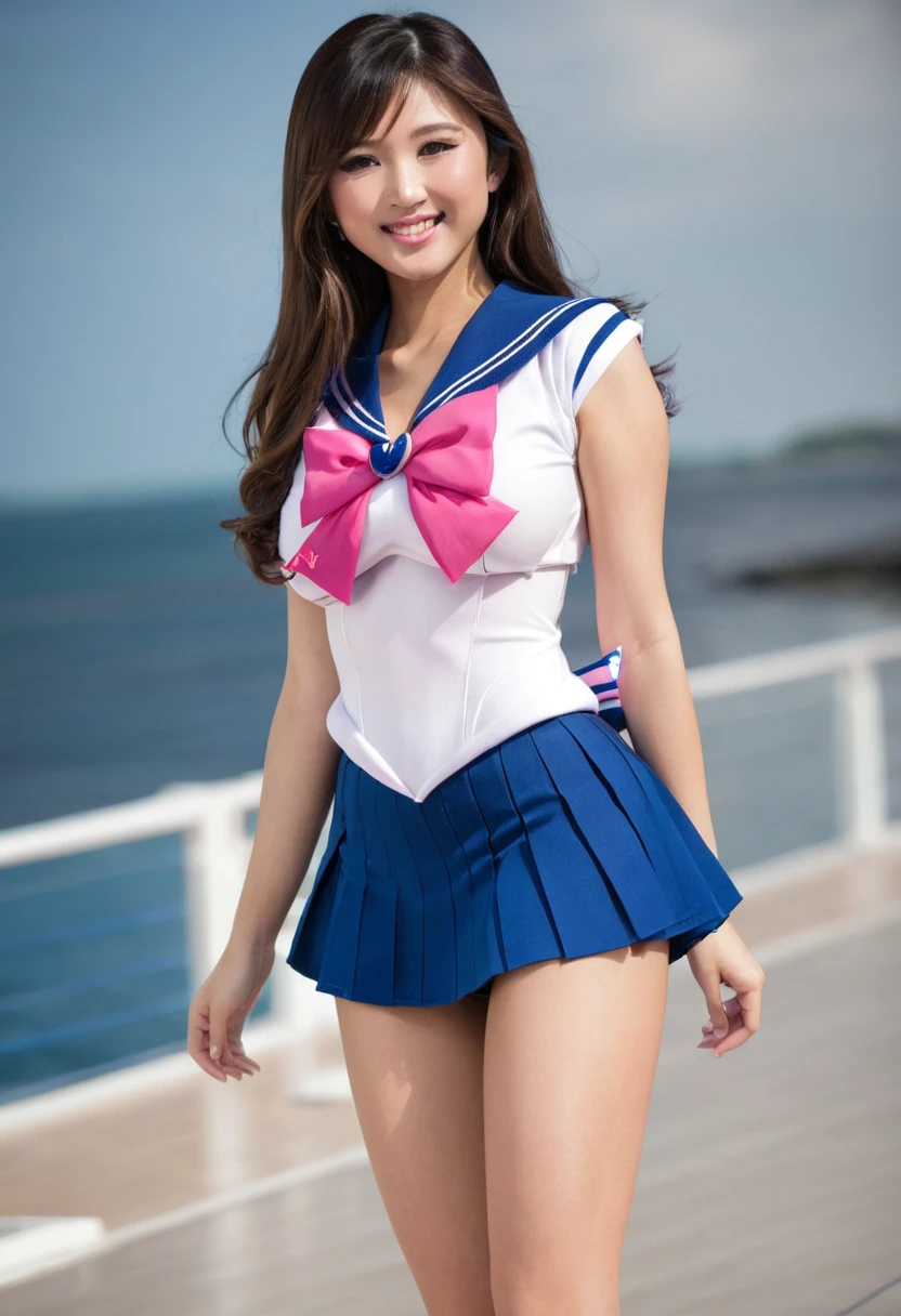 Beautiful asian woman, brunette, big breasts  ultra realistic, perfect face, long hair, full body photo, sexy smile, standing pose, elegant pose, sailor senshu outfit, pink white and blue