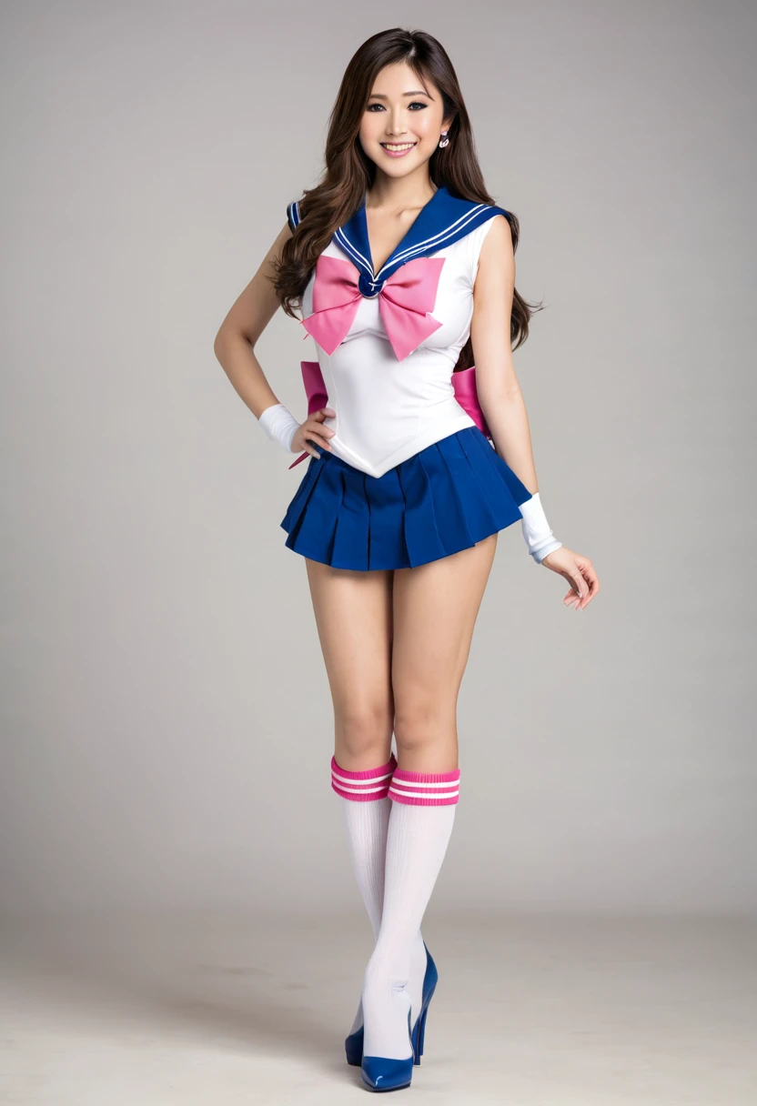 Beautiful asian woman, brunette, big breasts  ultra realistic, perfect face, long hair, full body photo, sexy smile, standing pose, elegant pose, sailor senshu outfit, pink white and blue