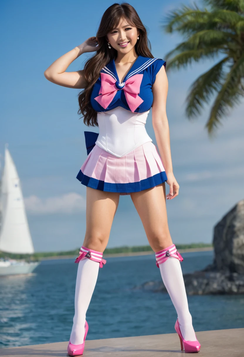 Beautiful asian woman, brunette, big breasts ultra realistic, perfect face, long hair, full body photo, sexy smile, standing pose, elegant pose, sailor senshu outfit, pink white and blue
