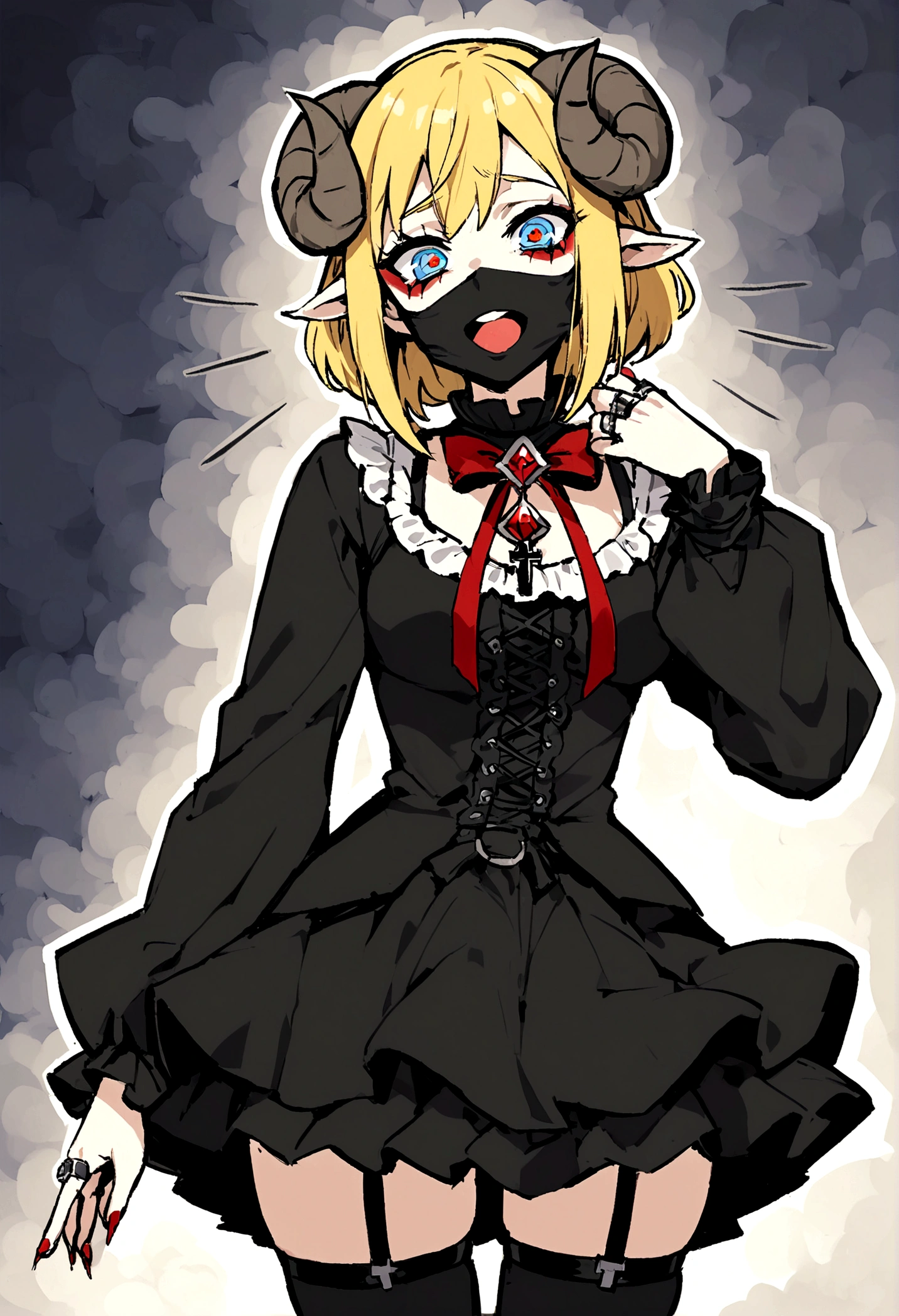 masterpiece, Highest quality, ((1 person)),Yellow Hair,Light blue eyes,Expression of agony,whole body,Manga style,Bob Hair,Landmine makeup,Eyes that feel,((Danmachi style),Sheep horns on the head,Red corners of the eyes,Thigh High,Jiraikei,skirt,ring,gem,黒いThigh High,Black Mask,shirt,cross,黒いskirt,Frills,Gothic,ribbon,Gothic,Long sleeve,Hug me,I get entangled with the being on the other side of the screen,