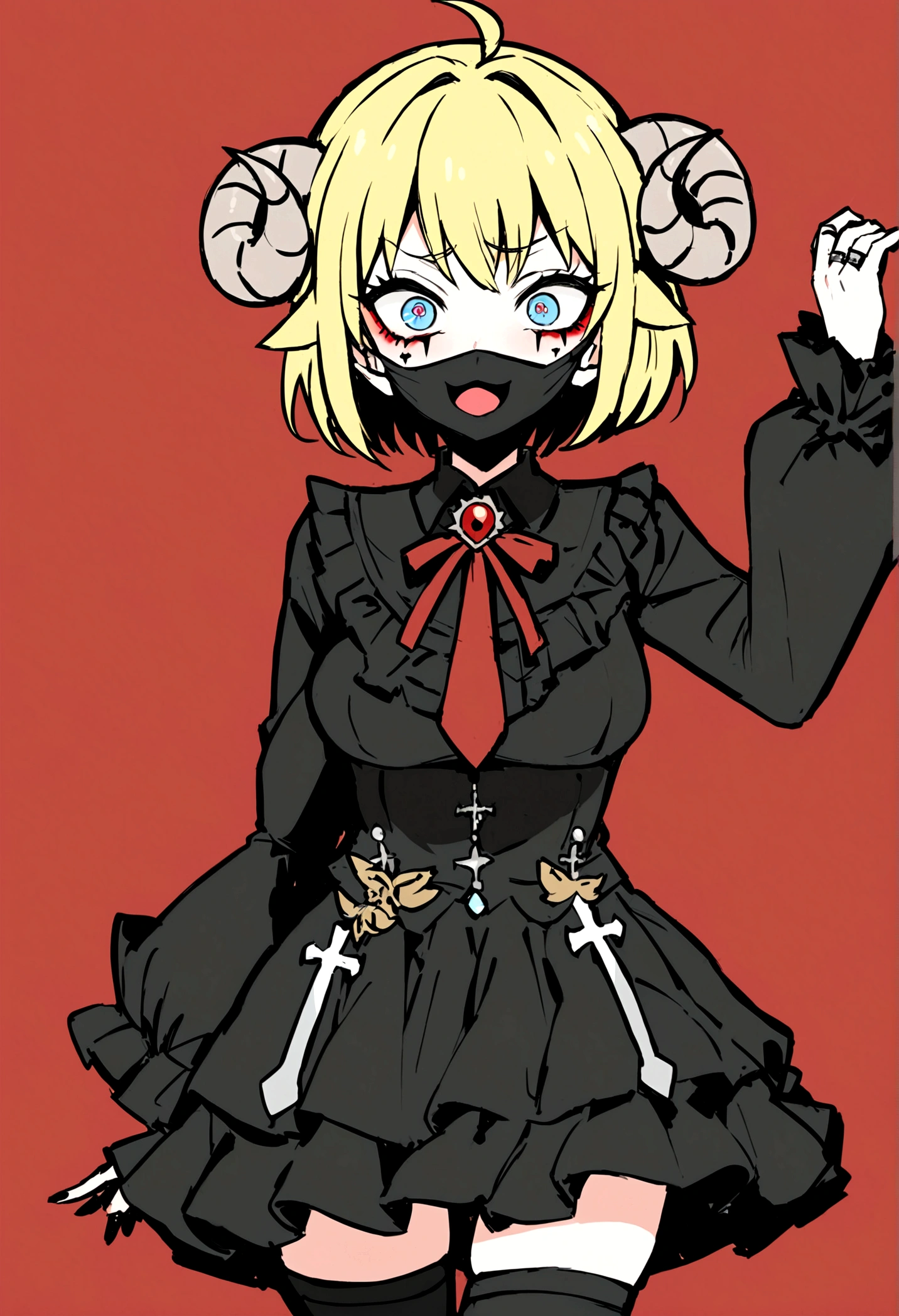masterpiece, Highest quality, ((1 person)),Yellow Hair,Light blue eyes,Expression of agony,whole body,Manga style,Bob Hair,Landmine makeup,Eyes that feel,((Danmachi style),Sheep horns on the head,Red corners of the eyes,Thigh High,Jiraikei,skirt,ring,gem,桃色Thigh High,Pink mouth mask,shirt,cross,ピンクskirt,Frills,Gothic,ribbon,Gothic,Long sleeve,A big smile of scheming,ringみたいに迫ってくる,The costume is pink,