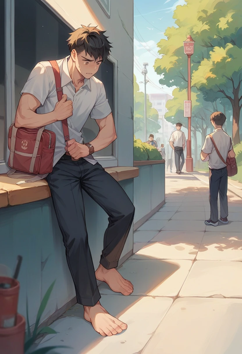 School boy showing feet in public 