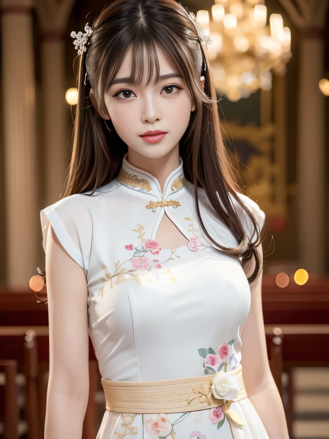 (Best Quality, 8k, 32k, Masterpiece, UHD: 1.3), Attractive Japan Woman Pictures, One Girl, 19 years old , Abs, Perfect Body, Ultra Detailed Face, Detailed Lips, Fine Eyes, Double Eyelids, seductive smile, (white ao dai), light brown hair, bangs, messy hair, elegant pose, sexy girl, Perfect female body, perfect and delicate limbs, Tan Dinh Church, 
