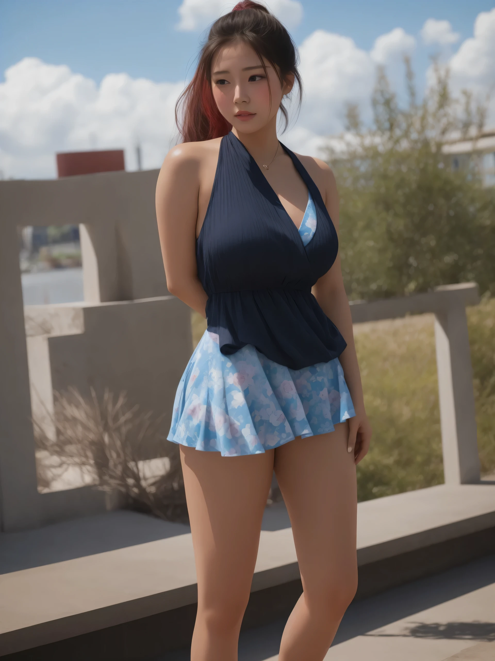 Filipina woman, Intimate, moaning face blush, red blushy cheeks, ponytail, feeling horny, beautiful thighs, in love, Having an orgasm, wearing summer mini dress