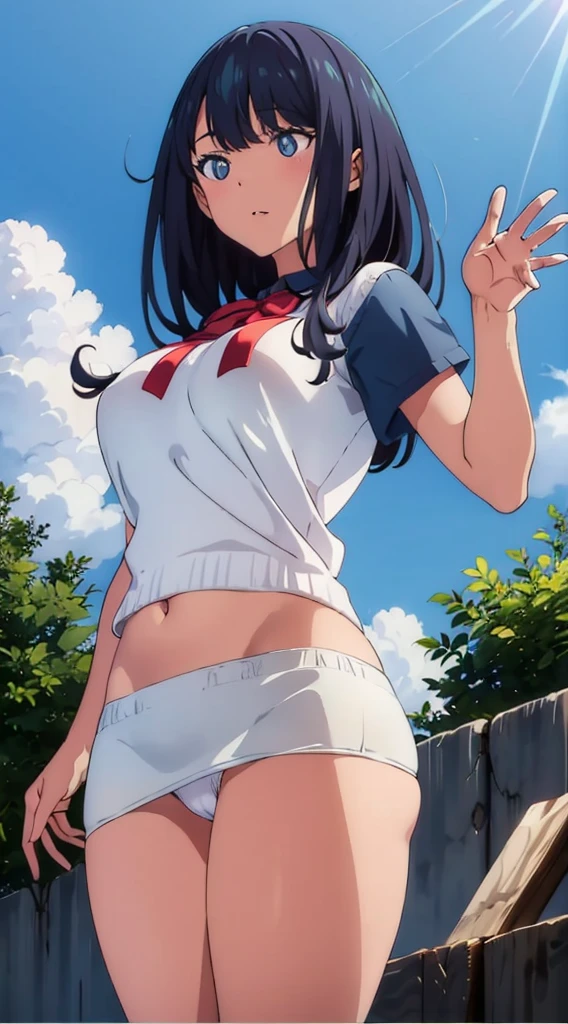 Without skirt、The skirt is flipped up、Without skirt、White underwear、In underwear、Panties in full view、White panties、 1, 1girl, asahina mikuru, long hair, kita high , 独奏, short sleeves, red ribbon, large breasts, cowboy shot, waving, outdoors, Underwear in full view、Boobs fully exposed