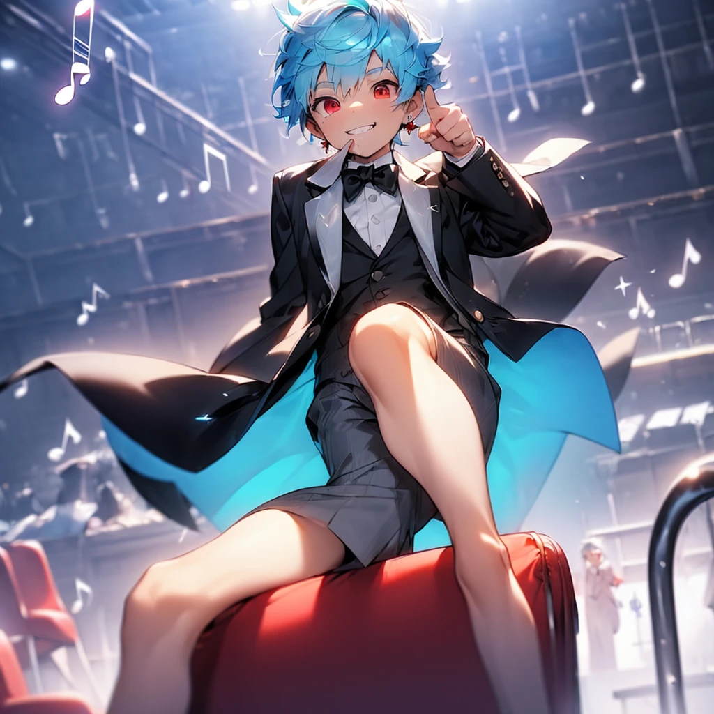 (solo:2.5), (boldline:-1.7), (put index finger on mouth:1.5), (floating musical notes:1.7), (sitting on red chair:1.5), (((fang))), (((best finger))), BREAK (best quality:1.5), (absolutely resolution:1.5), (ultra detailed:1.5), (masterpiece:1.5), (perfect face), (detailed face), (detailed eyes:1.3), (best eyes), (cute face), (shota:2), BREAK (tuxedo:1.5), (bulge:1.6), (skinny:1.3), BREAK (light blue hair:1.5), (spiked hair), (wine red eyes:1.4), (eyes with highlight:1.6), ((mole under eye)), (sweaty skin), (grin:1.5), ((earrings)), (shiny skin:1.3), BREAK (concert hall:1.5), (spot light:1.3), (at concert), (many people), ((wind blowing)), frow below,