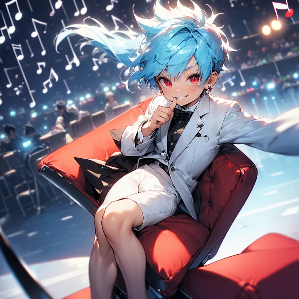 (solo:2.5), (boldline:-1.7), (put index finger on mouth:1.5), (floating musical notes:1.7), (sitting on red chair:1.5), (((fang))), (((best finger))), BREAK (best quality:1.5), (absolutely resolution:1.5), (ultra detailed:1.5), (masterpiece:1.5), (perfect face), (detailed face), (detailed eyes:1.3), (best eyes), (cute face), (shota:2), BREAK (tuxedo:1.5), (bulge:1.6), (skinny:1.3), BREAK (light blue hair:1.5), (spiked hair), (wine red eyes:1.4), (eyes with highlight:1.6), ((mole under eye)), (sweaty skin), (grin:1.5), ((earrings)), (shiny skin:1.3), BREAK (concert hall:1.5), (spot light:1.3), (at concert), (many people), ((wind blowing)), frow below,
