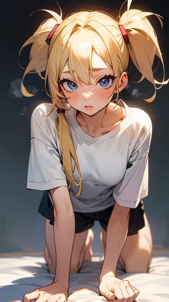 nsfw,(Petite),(boy),blonde low twintails,lips,T-Shirts,On all fours,Front pose,Sweat,White Breath,Viewers from the front,T-Shirts隙間から乳首みえる