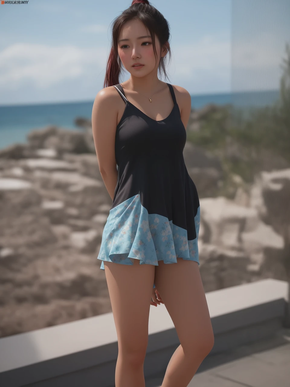 Filipina woman, Intimate, moaning face blush, red blushy cheeks, ponytail, feeling horny, beautiful thighs, in love, Having an orgasm, wearing summer mini dress
