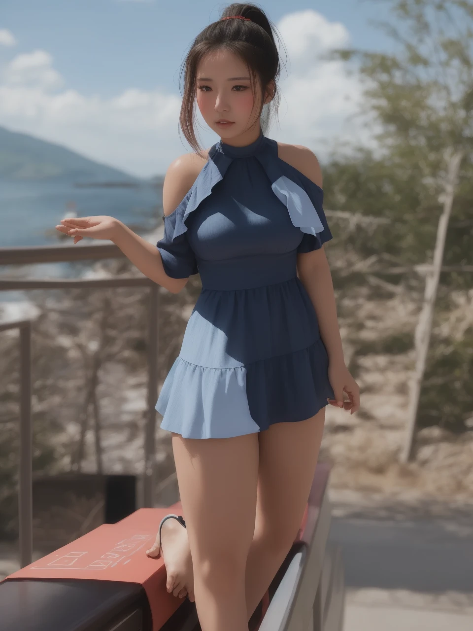 Filipina woman, Intimate, moaning face blush, red blushy cheeks, ponytail, feeling horny, beautiful thighs, in love, Having an orgasm, wearing summer mini dress