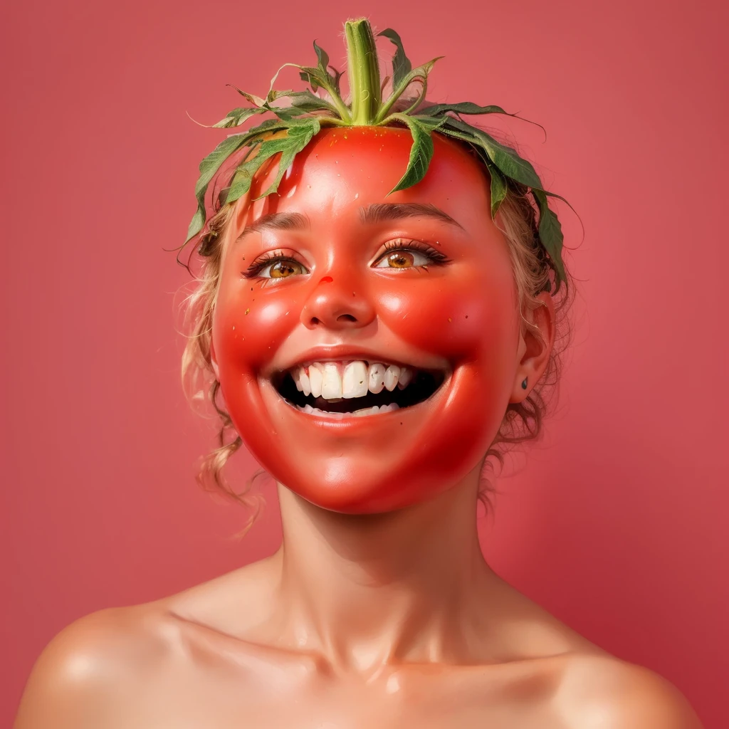 there is a woman with a tomato mask on her head, tomato monster, tomato, tom hanks tomato face, forest gump tomato body, also tomato, blushd, photographyalexey gurylev, made of food, blush, Red cheeks, David's Church, Inspired by Martin Schoeller, The picture on the right shows half of a happy face, Strange illustration