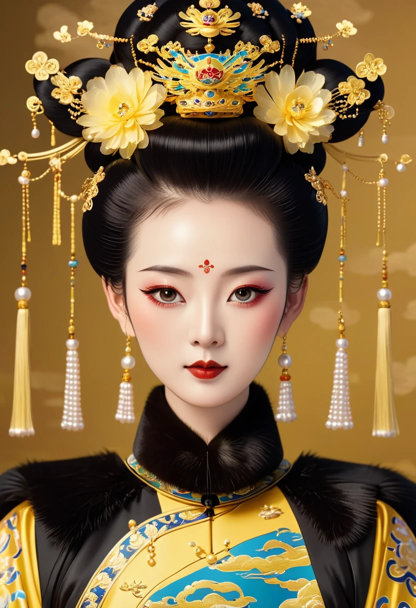 Solemn girl portrait,symmetry,Round Face,Bright Eyes,Smooth skin,Elegant and luxurious,Wealth,Gorgeous black and gold costumes,Chinese Qing Dynasty flag costumes,Selfish,Chinese Emperor,High bun,Gorgeous golden crown,tassel,palace,Clean background,Wu Zetian,Empress,Fur collar,Pearl tassels,Pearl Makeup
