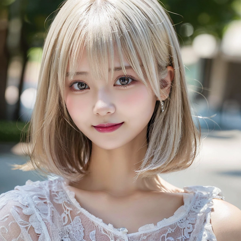 masutepiece, Best Quality, Illustration, Ultra-detailed, finely detail, hight resolution, 8K Wallpaper, Perfect dynamic composition, Beautiful detailed eyes, Trendy Women's Fashion Summer Clothes,Bun Short, icy platinum blonde hair, chin-length bob, razor cut ends, dark shade,Small breasts natural color lip, sexypose,Smile,Harajuku、24 years girl、Cute、is looking at the camera