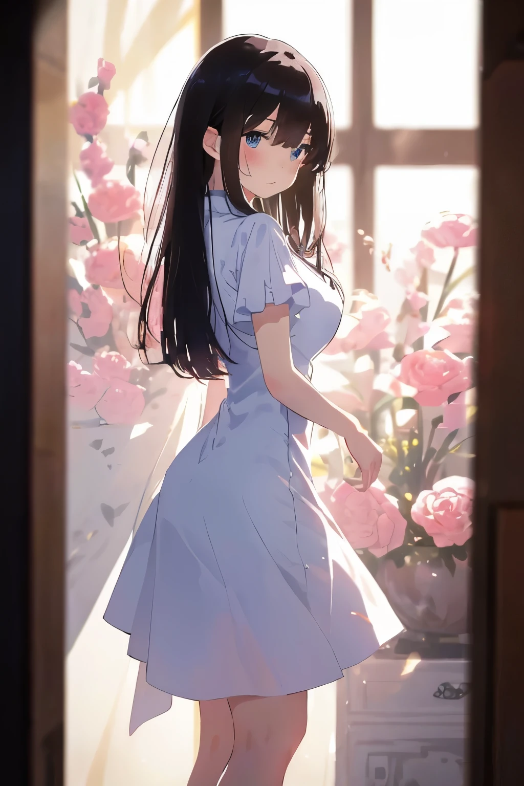 best quality, masterpiece, (独奏:1.2), (1 Female:1.2)、Age 25、Larger breasts、(Slender figure)、(from side:1.2)、(Kicking Pose:1.2)、(Dynamic pose)、(China dress:1.2)、(Thighs)、(White highlight in pupil:1.2)、Dark blue eyes、(Black-haired:1.2)、Straight bangs、(Long Hair)、(View your viewers:1.2)、White skin、(blush)、(Embarrassed expression)、(I blur the background a lot to make the woman stand out.:1.3)、(Half backlight)、(In front of the window)、Beautiful flowers in the background、Wooden Room