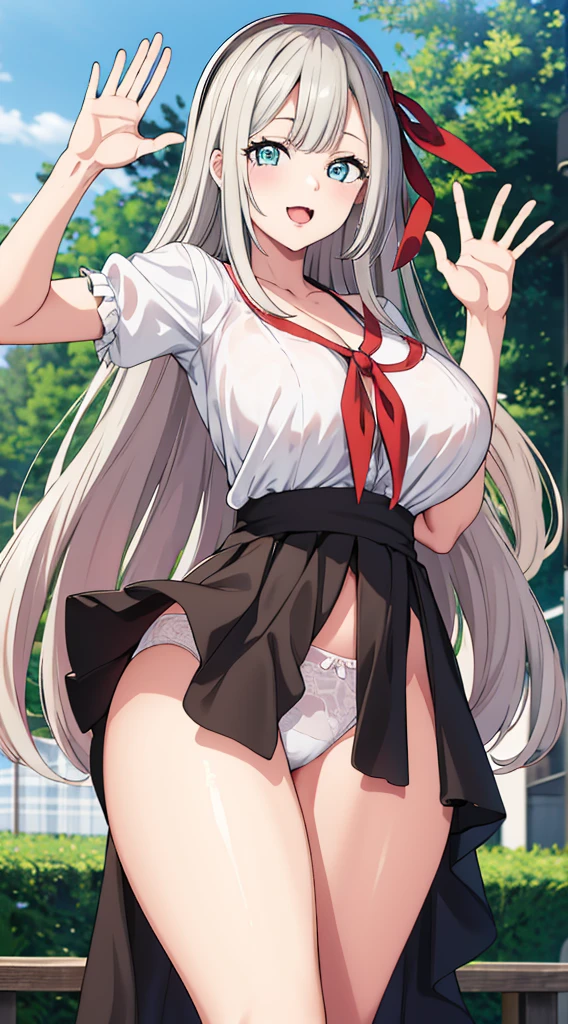 Without skirt、The skirt is flipped up、Without skirt、White underwear、In underwear、Panties in full view、White panties、 1, 1girl, asahina mikuru, long hair, kita high , solo, short sleeves, red ribbon, large breasts, cowboy shot, waving, outdoors, Underwear in full view、Boobs fully exposed
