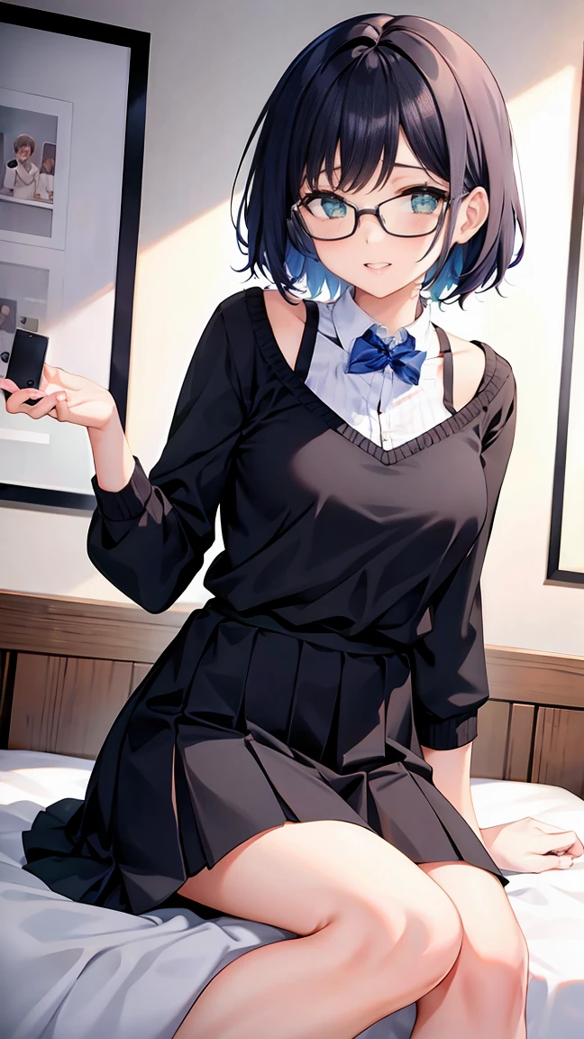 woman on top, vaginal sex, bottomless ,best quality，high resolution,  Black Hair，Bobcut，1boy，Black-rimmed glasses