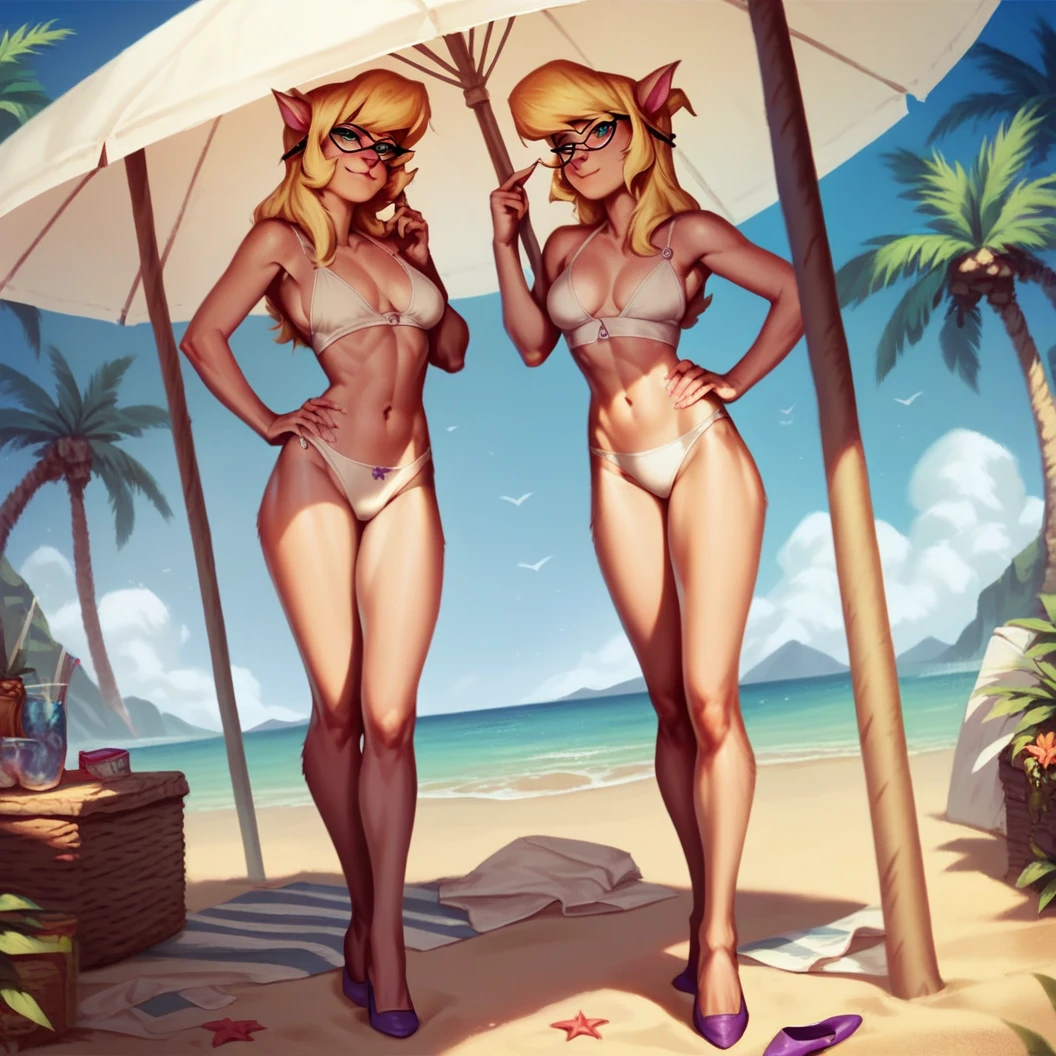 2girls, clones, Callie Briggs, detailed, detailed fur, white bra, white bikini, face to face, legs, purple heels, blonde hair, eyes open, comparing each other's outfit, beach, glasses, bottomless, white tops