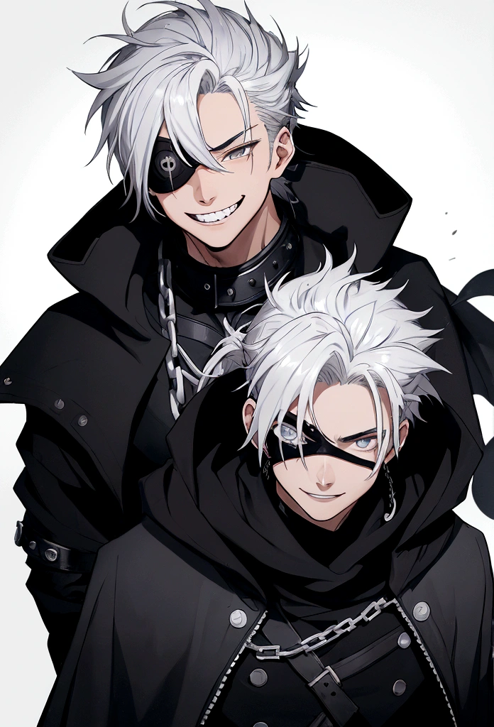 a man, young 20 years old, cold look, smiling fiercely, white teeth, messy short gray hair, ponytail, black eyes, left eye patch, black clothes, dark cape with hood, chains. frontal camera. White and black lightning overflowing from the right arm, iris of the right eye glowing white.