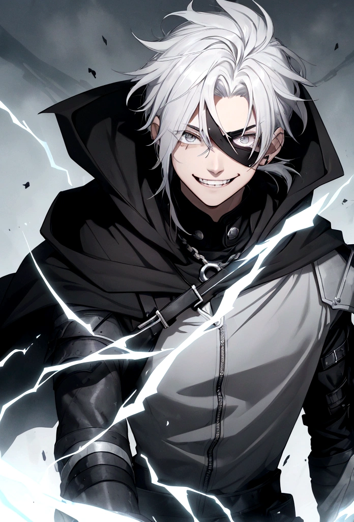 Anime character, a man, medieval era. Young man, 20 years old, large body, cold gaze, cold expression, messy short gray hair, ponytail, left eye patch, black clothes, black shirt, dark cape with hood, chains. front camera, advancing in a sea of ​​blood. white electricity emanating from his body, black electricity emanating from his left hand. Right eye shining in a white ray. Thunderous white lightning