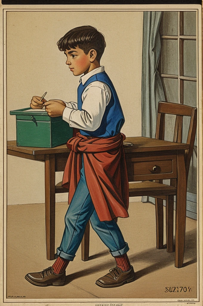 Cartoon of a boy carrying a small battered table