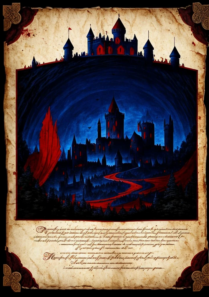 graphic design，Dark Red、Dark blue is the main color，Dark medieval style，Age of Magic，Parchment scroll old style，Blood Texture，In the center of the picture is a dark castle，There&#39;s a bloody title at the top of the screen: &reference;Full moon night&reference;，The back of the card，Theme UI design，HD，4K。