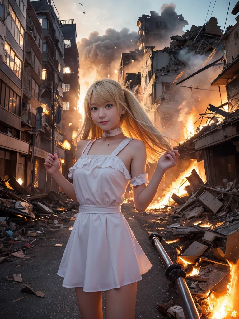 （Giantess Elements、High resolution、High resolution、high quality、Accurate body structure、Detailed body） そびえ立つ巨人のBlonde少女，50,000 feet high、Looking up at the approaching woman from below、Giants attack the city、cute、Blonde、Destroy a small town女性、Destroy a small town、Mischievous look、(Maid outfit)Japanese、White skin、巨人Blonde女、smile、Trampling buildings、rubble、Burning Small Town、Destroyed small building、Collapsed highway、Cars are crushed、Evacuating residents、sunset、Burning Small Town、go ahead、walk、Trampling、Anatomically correct、Accurate human body、Accurate skeleton、Full body portrait、blue eyes、足元に散らばるrubble、Higher than skyscrapers、Big impact、amazing、Giantess Elements、Draw a woman in a big way、Increase the destructive element、Make the city smaller
