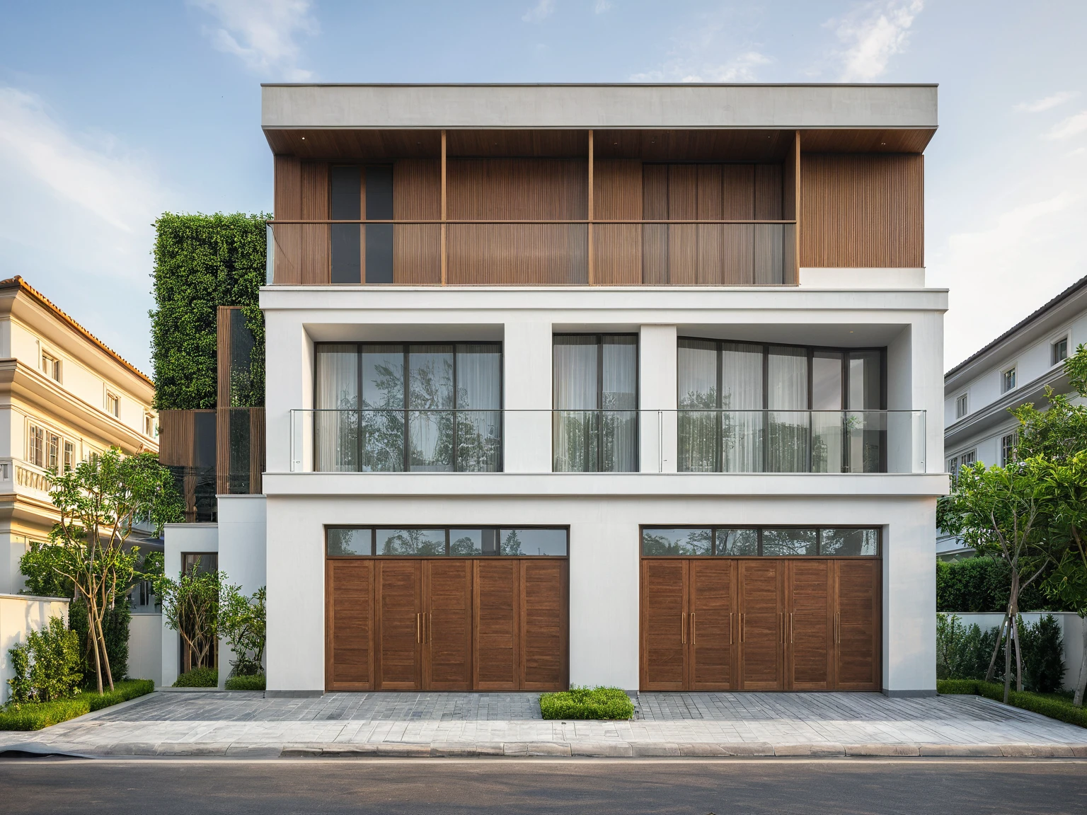 modern villa on street, (daylight), tropical tree, vivid colour, streetcapes, white tone, white wall, large glass door, warm interior lighting, wood and marble, best quality, 17ArchiAI_XL_VL-v1