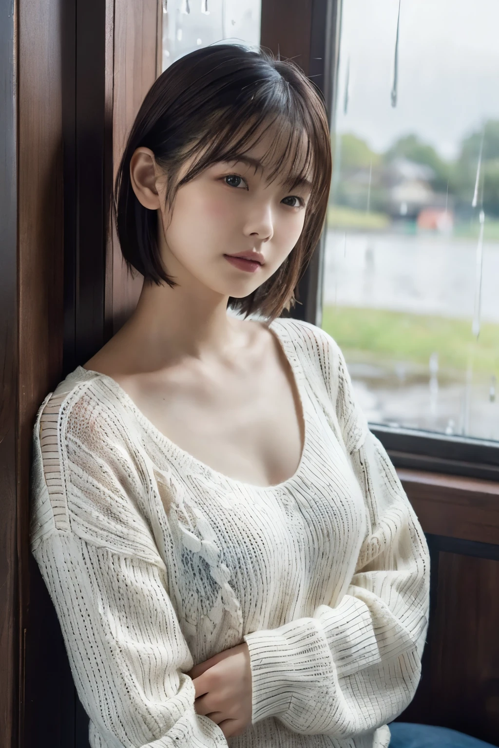 1 Girl, (Wearing a white summer sweater:1.2), Very beautiful Japanese idol portraits, 
(RAW Photos, Highest quality), (Realistic, Realistic:1.4), (masterpiece), 
Very delicate and beautiful, Very detailed, 2k wallpaper, wonderful, finely, Very detailed CG Unity 8K 壁紙, Very detailed, High resolution, Soft Light, 
Beautiful detailed girl, Very detailed目と顔, Beautiful and sophisticated nose, finelyて美しい目, Cinema Lighting, 
(I am doing gravure shoots for fashion magazines.:1.3), (indoor), (Staring out the window on a rainy day:1.3),
(short hair), 
Complete Anatomy, Slender body, Small breasts, 