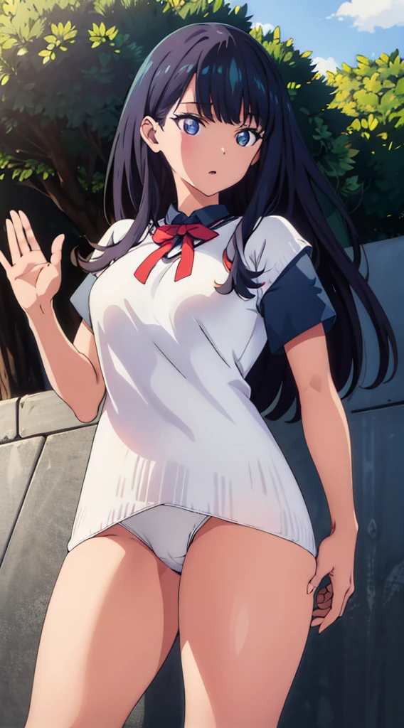 Without skirt、The skirt is flipped up、Without skirt、White underwear、In underwear、Panties in full view、White panties、 1, 1girl, asahina mikuru, long hair, kita high , solo,  short sleeves, red ribbon, large breasts, cowboy shot, waving, outdoors, Underwear in full view、