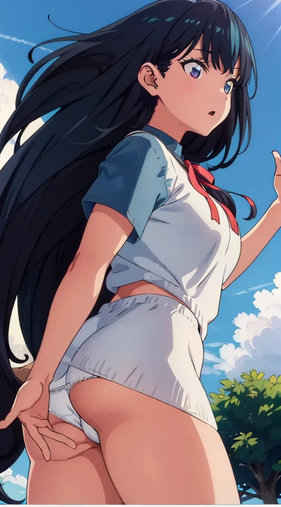 Without skirt、The skirt is ped up、Without skirt、White underwear、In underwear、Pantfull view、White panties、 1, asahina mikuru, long hair, kita high , solo, short sleeves, red ribbon, large breasts, cowboy shing, outdoors, Underwear in full view、