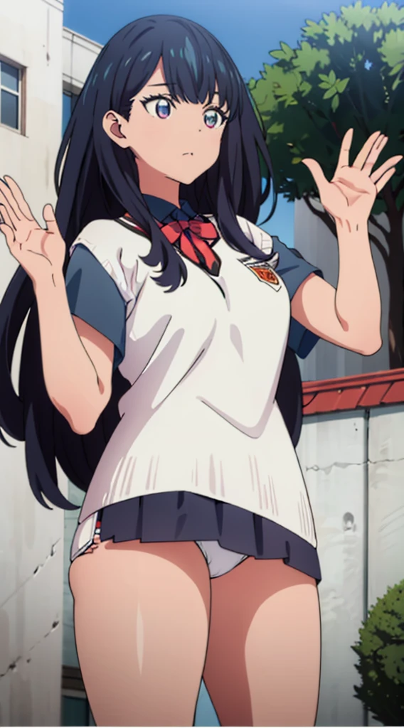 Without skirt、The skirt is flipped up、Without skirt、White underwear、In underwear、Panties in full view、White panties、 1, 1girl, asahina mikuru, long hair, kita high , solo,  short sleeves, red ribbon, large breasts, cowboy shot, waving, outdoors, Underwear in full view、