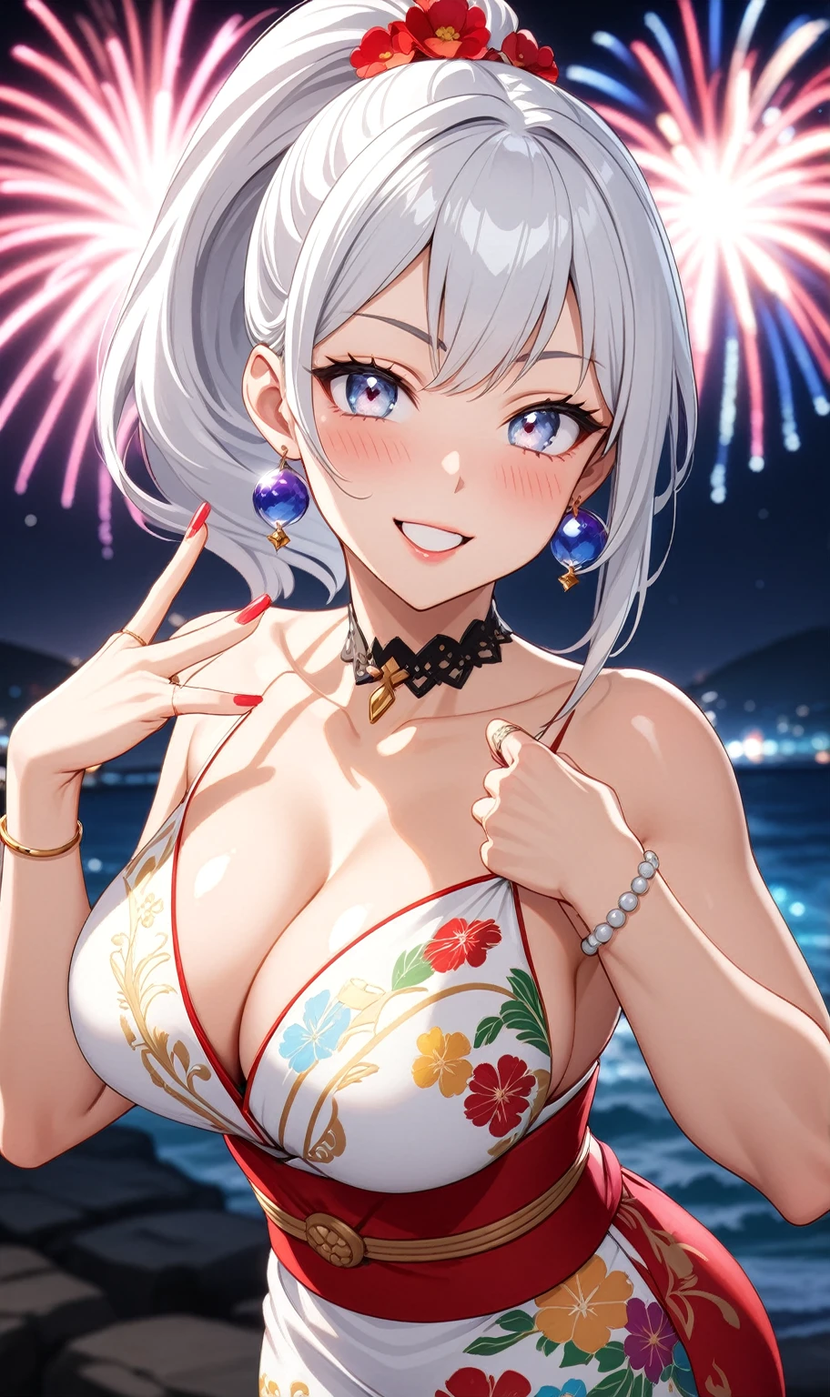 ((One personの女性)), Beautiful Face, ((Frowning)), (Tilt your head), ((Wink:1.7)), Laugh with your mouth wide open,((Bright red cheeks:1.4)),Shiny red lips,night,Coastal,You can see the ocean, firework,Laughing with your mouth open,Glossy pink lips,Facial Lighting,((Anime style background)),masterpiece, Highest quality, so beautiful,Latest, Complex details, (Pink long nails), (Four fingers and a thumb), (ring),(bracelet),(choker),AI-generated, Complex,High resolution, Highest quality, super high quality,3D Images、3D Images,One person,Long white hair,High Ponytail,(blue eyes),Anime woman posing for a photo, ((fine grain、Silver-white colorful eyes、Shining Eyes:1.3)),(Squint your eyes:1.1),a hyperRealistic , hyperRealistic , Realistic,Long white hairのアニメ女性, Smooth anime CG art, A woman in a colorful kimono with gold embroidery, (black furisode),Red floral pattern,Long flower hair ornament,Floral Earrings,Mature Body,(Big Breasts:1.1),expensive,Abdominal muscles,Tight waist,(Zoom up to face:1.6),(Front view),