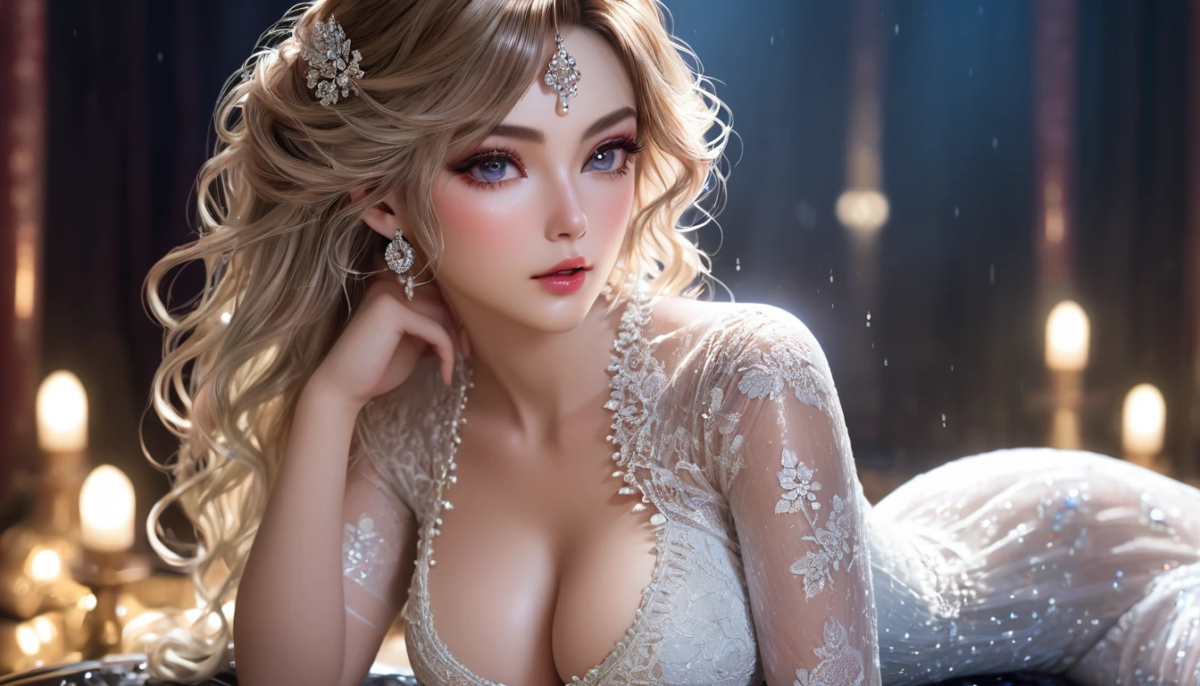 (Unbeatable masterpiece, Sideslit, Delicate and beautiful eyes: 1.2), Hyper-realistic 8k CG, Perfect artwork, The upper part of the body, shinny hair, glowing light eyes, Very wet skin, actual, underbust, gigantic cleavage breasts, perfect women figure, a matural female, A MILF, Willow waist, looking at viewert, Lace, Lace edges, tempting pose, a sexy pose, Tempting, reputation, a gorgeous, Luxury, jewely, Pedras preciosas, kinako, Plata, diamond, glitters, sapphires, Red Jewel, Cui, pearls, amber, obsidian,