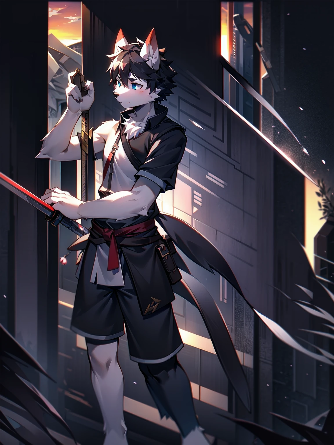 White Wolf，black hair，Sky blue eyes，hairy，Wolf ears，Wolf tail，Full body portrait，The character is in the center of the frame，Handsome，Confident eyes，male，juvenile，Black and white combat uniform，Red neck bib，Black shorts，Short sleeve，hairy arms and legs，Dark background，Dark battlefield，dawn，sunrise，dawn，illumination，shadow，Swordsman，Scabbard and sword，Hold the hilt of a sword in your hand，The scabbard is at the waist，Highest quality