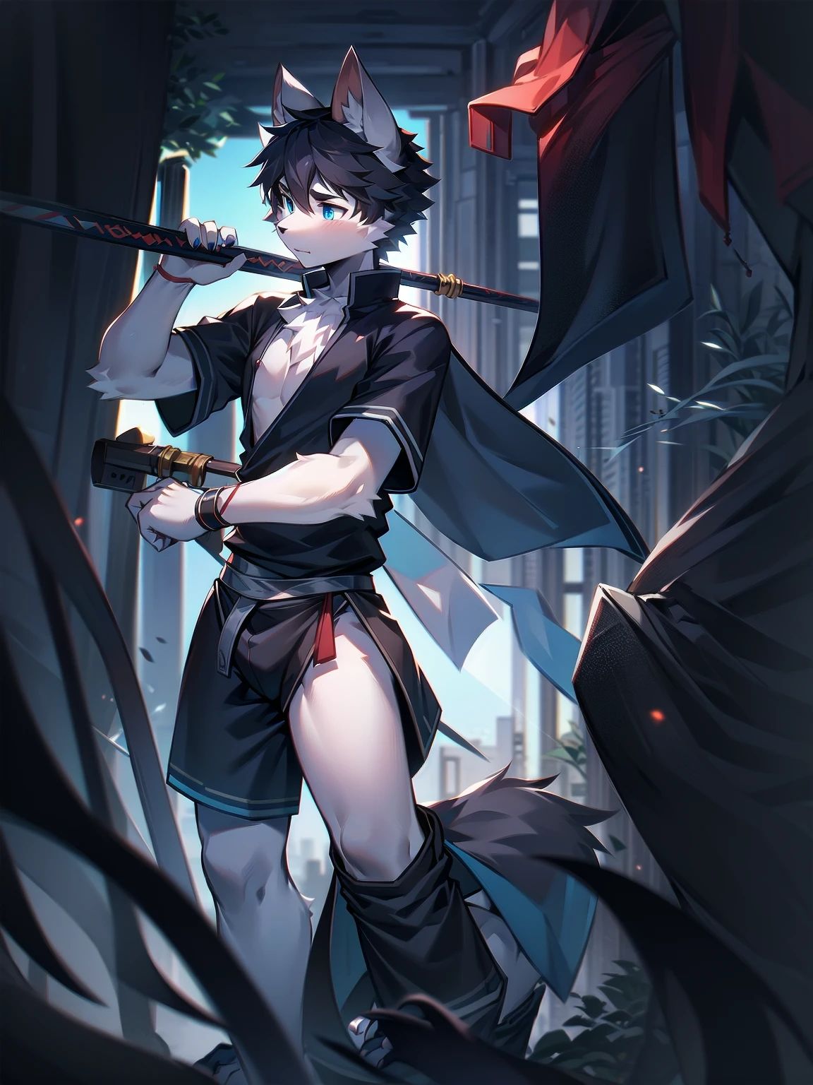 White Wolf,black hair,Sky blue eyes,hairy,Wolf ears,Wolf tail,Full body portrait,The character is in the center of the frame,Handsome,Confident eyes,male,juvenile,Black and white combat uniform,Red neck bib,Black shorts,Short sleeve,hairy arms and legs,Dark background,Dark battlefield,dawn,sunrise,dawn,illumination,shadow,Swordsman,Scabbard and sword,Hold the hilt of a sword in your hand,The scabbard is at the waist,Highest quality