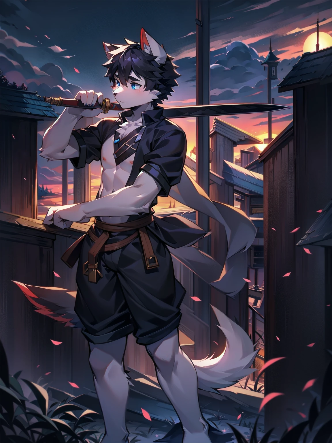 White Wolf,black hair,Sky blue eyes,hairy,Wolf ears,Wolf tail,Full body portrait,The character is in the center of the frame,Handsome,Confident eyes,male,juvenile,Black and white combat uniform,Red neck bib,Black shorts,Short sleeve,hairy arms and legs,Dark background,Dark battlefield,dawn,sunrise,dawn,illumination,shadow,Swordsman,Scabbard and sword,Hold the hilt of a sword in your hand,The scabbard is at the waist,Highest quality