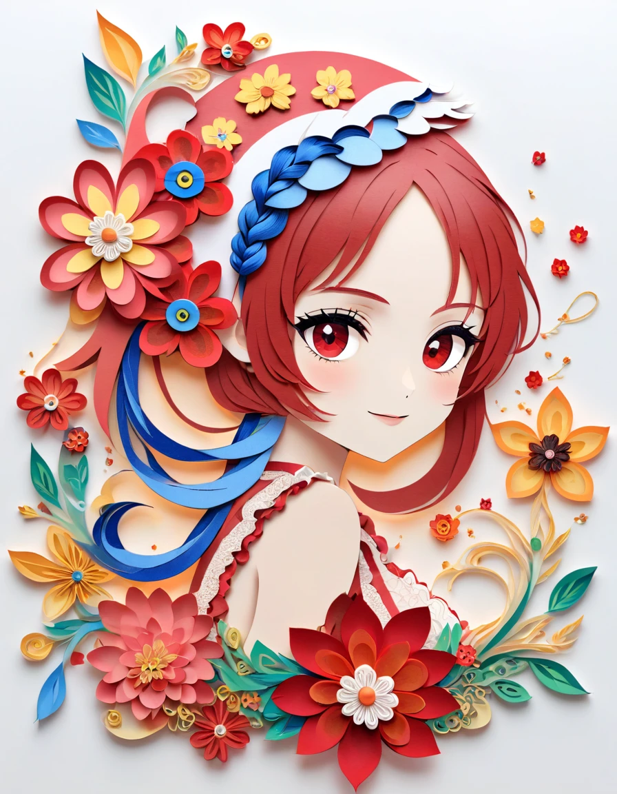 Paper cutting art,(Flat paper cutout,Paper Art,layered Paper Art,Paper Quilting, Digital Art),against a pure white background,,(High detail, masterpiece, Highest quality, Ultra-high resolution),woman、womanを画像サイズ内に描く、Upper Body、From the waist up、Eyes are patchy、Sparkling eyes、Non-rev�ve clothing、She is wearing a dress with frills and lace.、flower、Facing forward、smile、(Blue braid hair:1.5)、flowerの種類変えて、Change the pose、Change your body position、Change your body position、Blue main color scheme、
