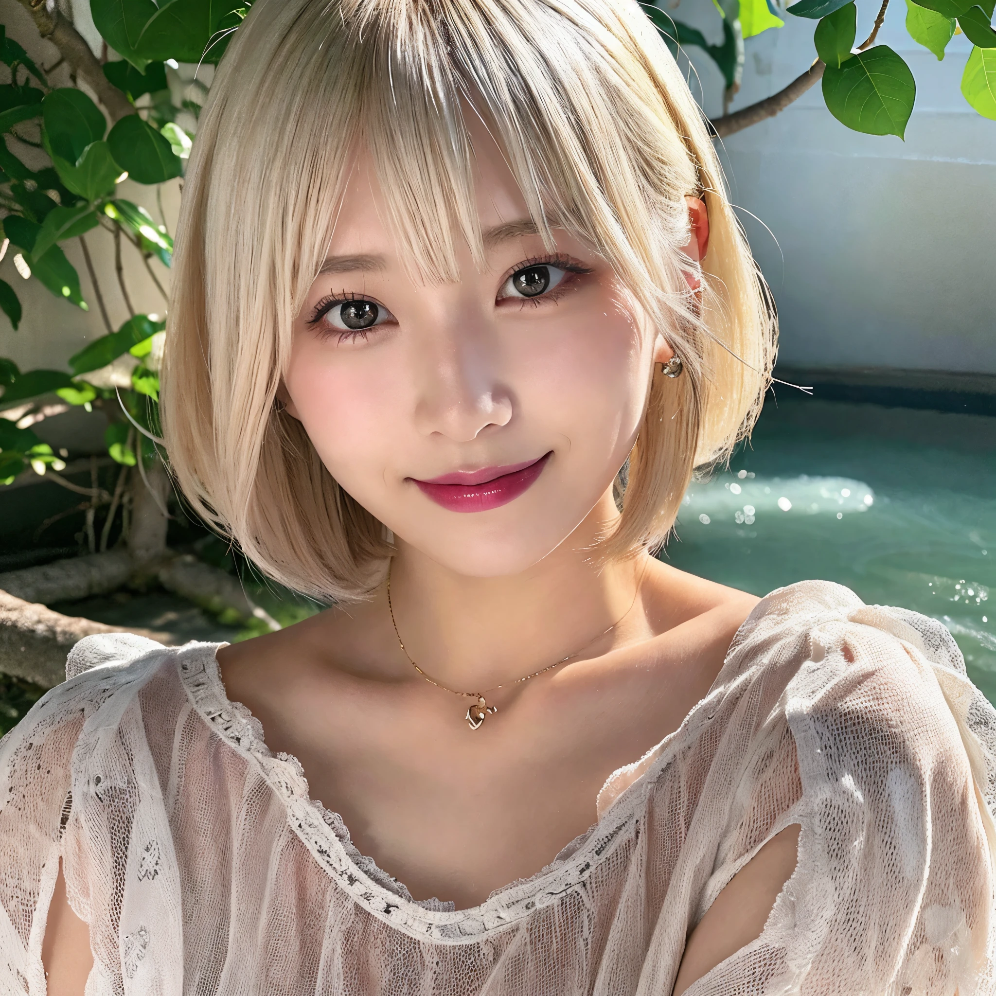 masutepiece, Best Quality, Illustration, Ultra-detailed, finely detail, hight resolution, 8K Wallpaper, Perfect dynamic composition, Beautiful detailed eyes, Trendy Women's Fashion Summer Clothes,Bun Short, icy platinum blonde hair, chin-length bob, razor cut ends, dark shade,Small breasts natural color lip, sexypose,Smile,Harajuku、24 years girl、Cute、is looking at the camera