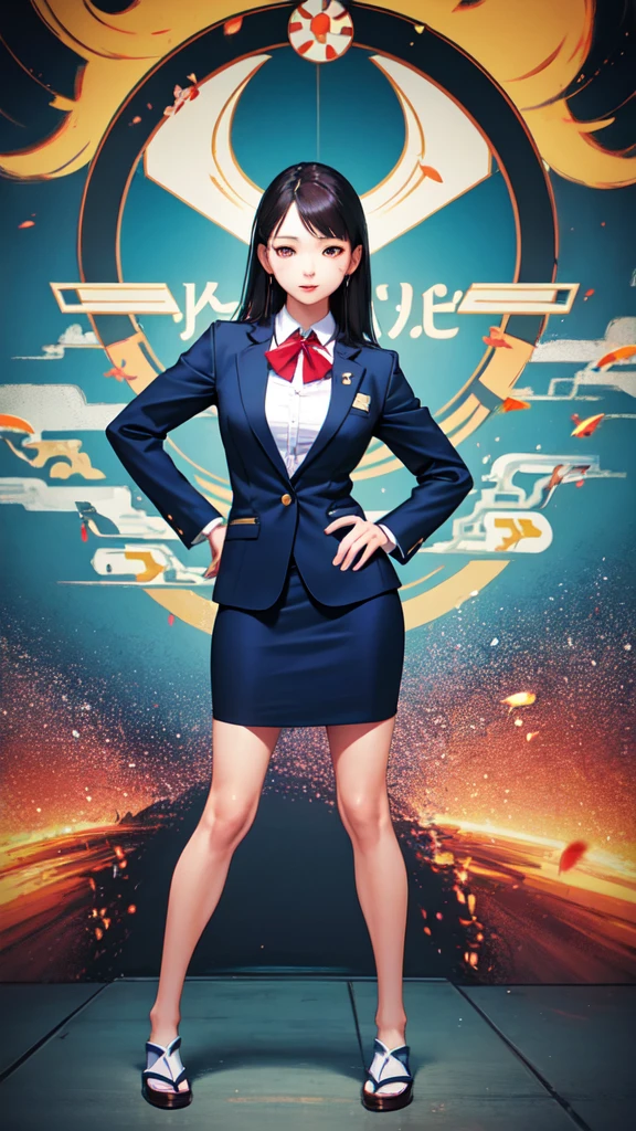 20-year-old beautiful Japanese woman,wearing flight attendant suit and skirt,full body,ultra realistic photoNegative prompt: (weird:1.2) and destroy face,text, mark,low quality