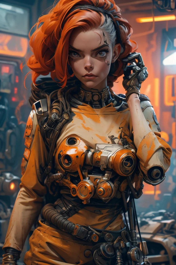 A highly detailed and realistic skull girl,( Anya. Taylor Joy) cyberpunk character, mad max furiosa, one hand robot, cyborg arm, orange hair, dramatic metal heavy rock theme, best quality, 8k, hyperrealistic, photorealistic, extreme detailed painting, studio lighting, vivid colors, dark moody atmosphere, cinematic, dramatic pose, intricate mechanical details, glowing energy effects, intense gritty textures, seamless integration of organic and inorganic elements. Wearing the used clothes of a wastelander. Background: An apocalyptic wasteland. Dusty and depressing.