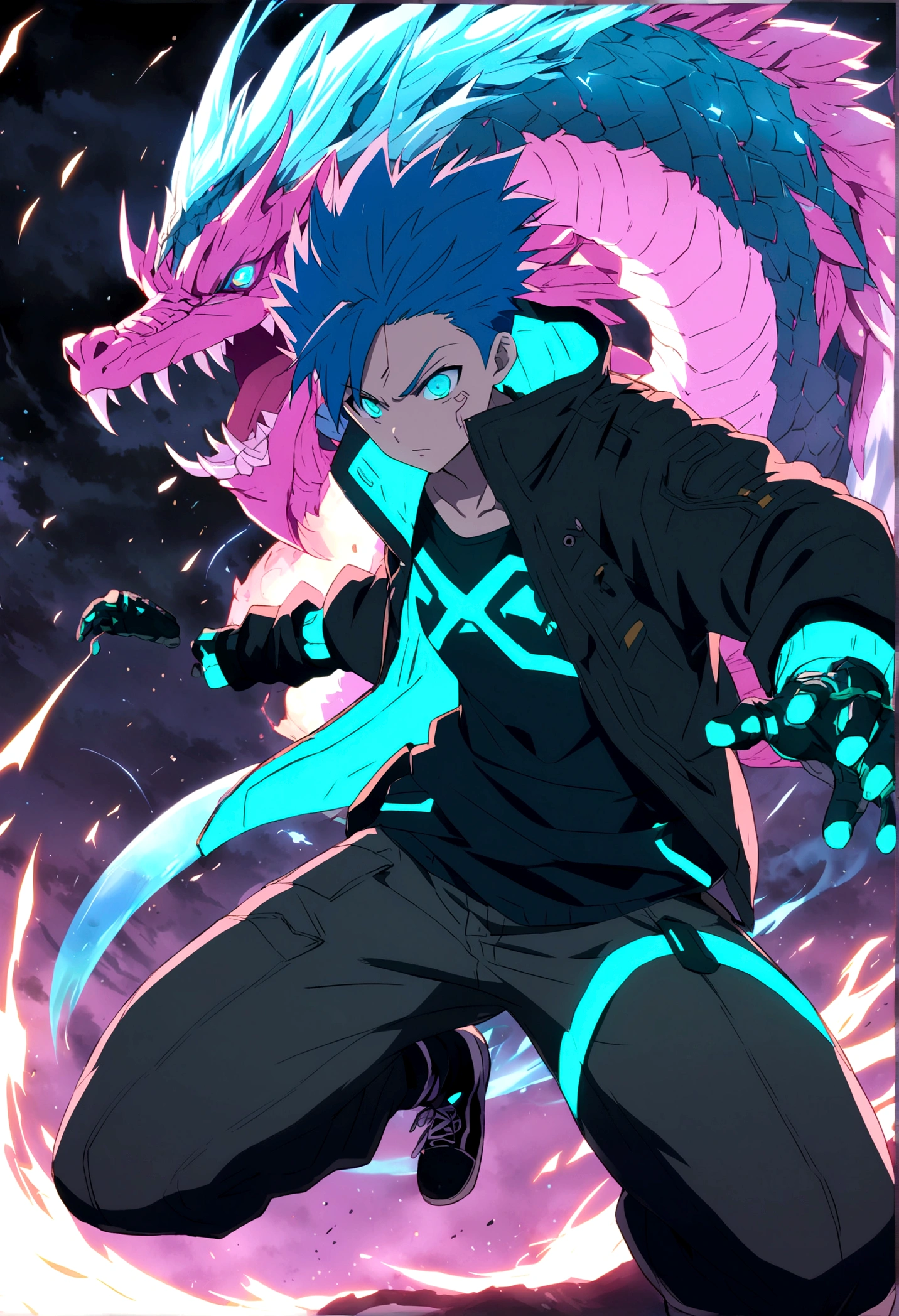 anime boy, blue hair, anime, cyberpunk ropa, half dragon, God, fighting various enemies