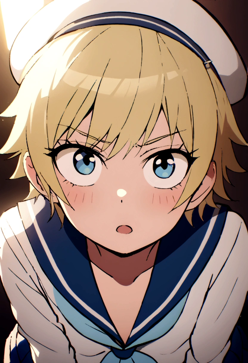 Blonde,wolf cut. Shota, sailor suit, sailor hat, blue eyes, tomboy, Naughty
