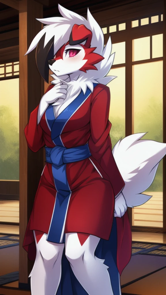 By zinfyuu on pixiv,by twistedscarlet60, uploaded on pixiv, by fluff-kevlar, (masterpiece), (best quality), (anthro furry:1.3, snout:1.2, anthro:1.3, furry:1.2, solo female:1.2),BREAK,pokemon, lycanroc, lycanroc midnight,wearing kimono, sfw ,:o, kiss me, love particle, at japanese palace