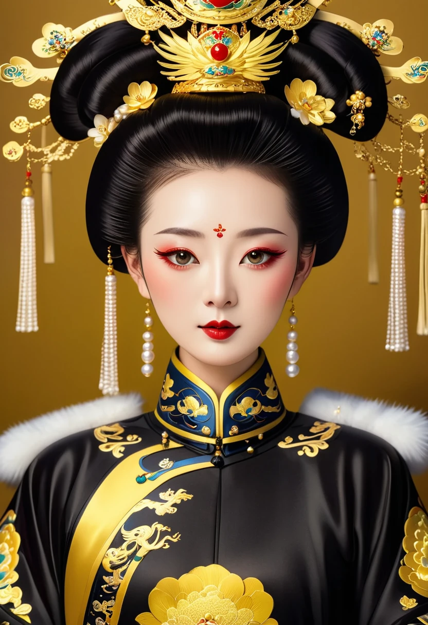 Solemn girl portrait，symmetry，Round Face，Bright Eyes，Smooth skin，Elegant and luxurious，Wealth，Gorgeous black and gold costumes，Chinese Qing Dynasty flag costumes,Selfish,Chinese Emperor，High bun，Gorgeous golden crown，tassel，palace，Clean background，Wu Zetian，Empress，Fur collar cape，Pearl tassels，Pearl Makeup