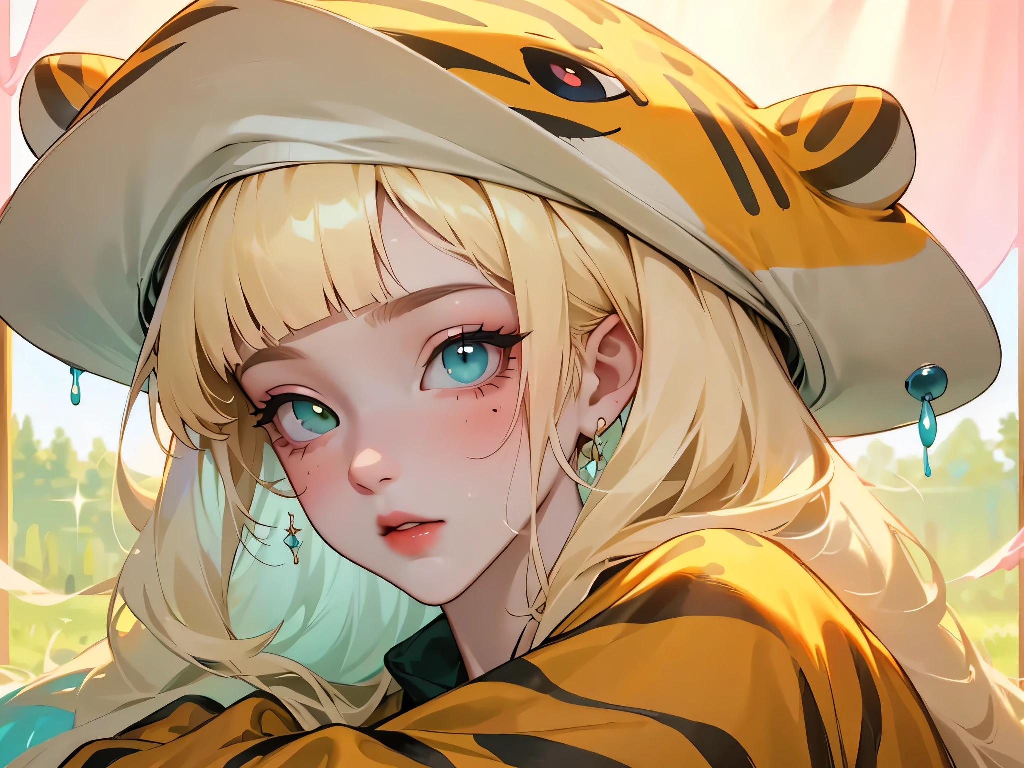(high quality) (Best Quality) (Una Women) (correct physiognomy) (perfect pupils) (Perfect eyes) Women, blonde hair, long collected in two buns with bangs on the forehead, eyes with heterochromia two eyes, one green and one gold eye, sensitive lips, female appearance, soft facial features, thin eyebrows, soft skin, rosy cheeks, pink lips, silky eyelashes, dreamy expression, middle age, youth clothing, glitter sweatshirt with tiger print and hat, photo illuminated by sunlight, Women en un campo de girasoles