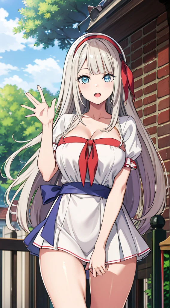 Without skirt、The skirt is flipped up、Without skirt、White underwear、In underwear、Panties in full view、White panties、 1, 1girl, asahina mikuru, long hair, kita high , solo,  short sleeves, red ribbon, large breasts, cowboy shot, waving, outdoors, Underwear in full view、スカート無し