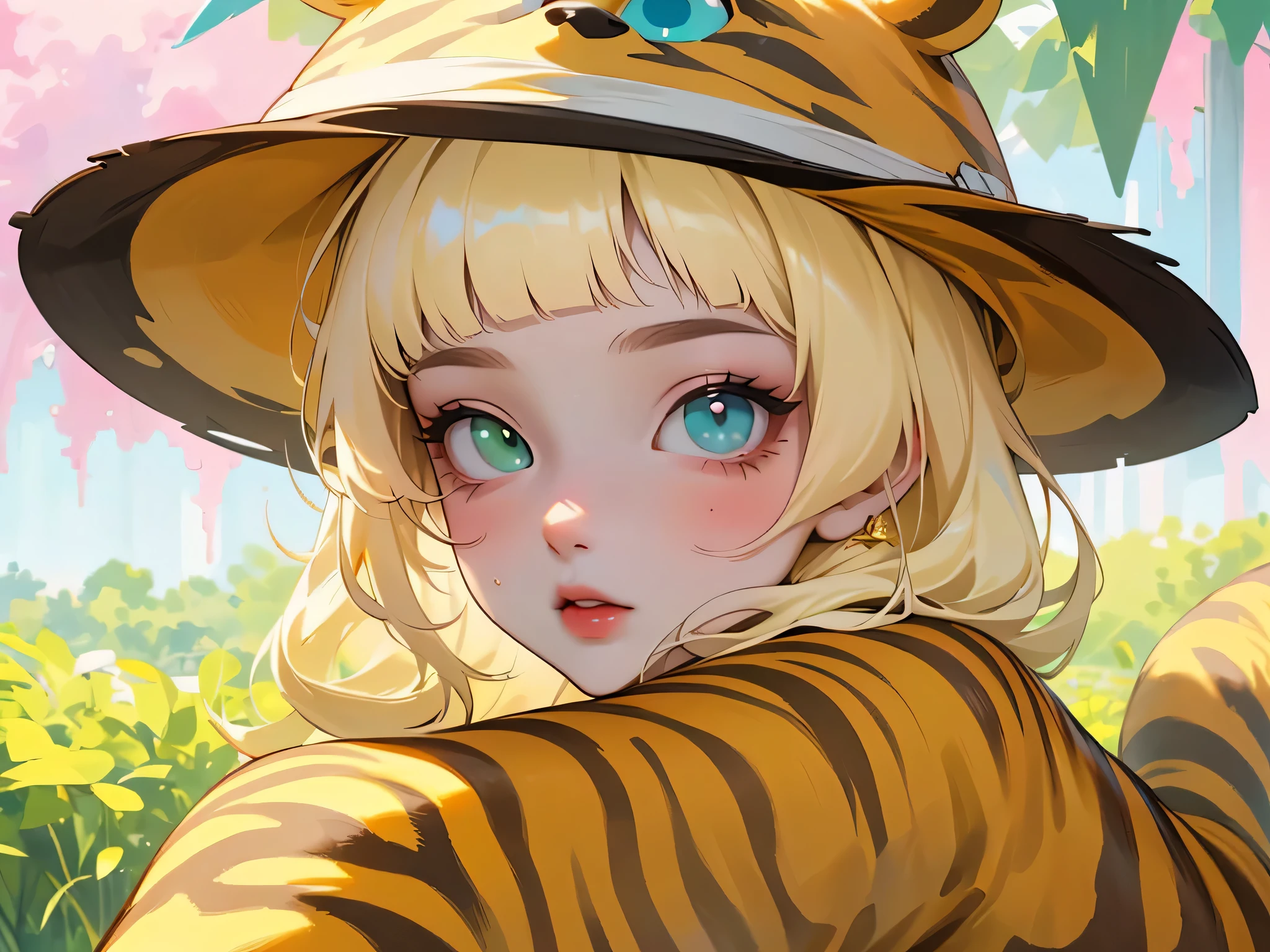 (high quality) (Best Quality) (Una Women) (correct physiognomy) (perfect pupils) (Perfect eyes) Women, blonde hair, long collected in two buns with bangs on the forehead, eyes with heterochromia two eyes, one green and one gold eye, sensitive lips, female appearance, soft facial features, thin eyebrows, soft skin, rosy cheeks, pink lips, silky eyelashes, dreamy expression, middle age, youth clothing, glitter sweatshirt with tiger print and hat, photo illuminated by sunlight, Women en un campo de girasoles