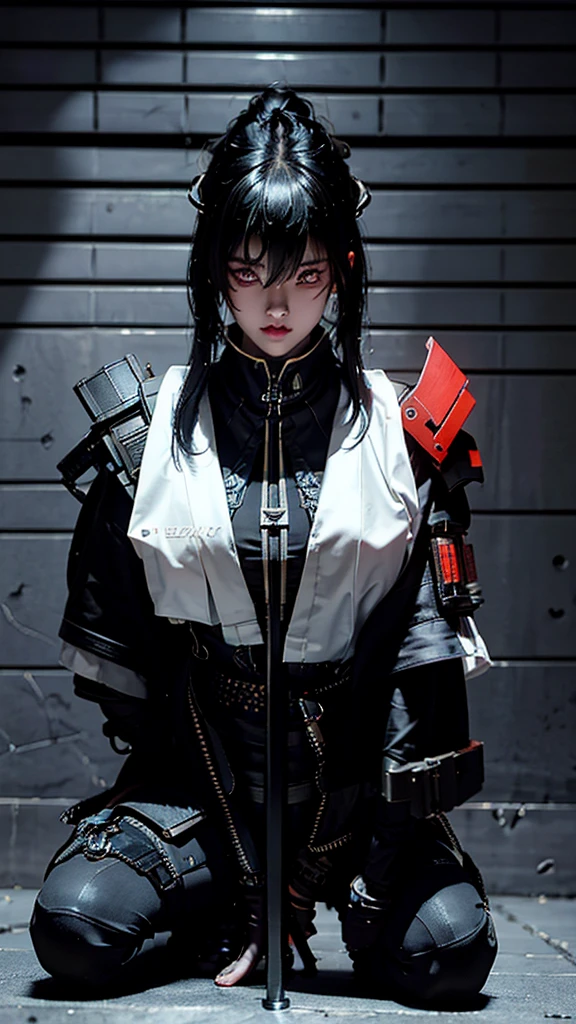 Surreal version of a woman kneeling down on one knee with sword in hand, very beautiful cyberpunk samurai,Sitting on one knee,Futuritic background,  cyberpunk anime art, cyberpunk samurai, cyberpunk city anime art, cyberpunk anime, cgsociety 9, digital cyberpunk anime art, style of maciej kuciara .1girl, samurai armor, devil mask helmet, intricate, detailed ornaments, cold colors, metallic, Egyptian details, details very complex, realistic lighting, trending on social cgs, glowing eyes, facing camera, Brick wall,neon details, surreal details, full body portrait, Japanese atmosphere, lighting global, shadow, octane rendering, 8k, super sharp lolita.((Best quality)), ((masterpiece)), (details:1.4), 3D, image of a female cyberpunk beautiful,HDR (High Dynamic Range),Beam Range,NVIDIA RTX,Ultra High Resolution,Unreal 5,Subsurface Scattering,PBR Textures,Post-processing,Anisotropic Filtering,Depth of Field, Maximum clarity and sharpness, Multi-layer textures, Albedo and Reflection maps, Surface shadows, Accurate simulation of light-material interaction, Perfect scaling, Octane rendering, Two-tone lighting Color, Wide Aperture, Low ISO, White Balance, Rule of Thirds, 8K RAW,