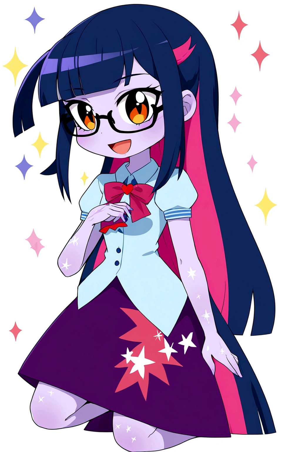 girl with violet skin, tall, teenager, straight bangs, long hair, violet and blue tones, glasses, twiling sparkle, smiling full body,mlptwilight